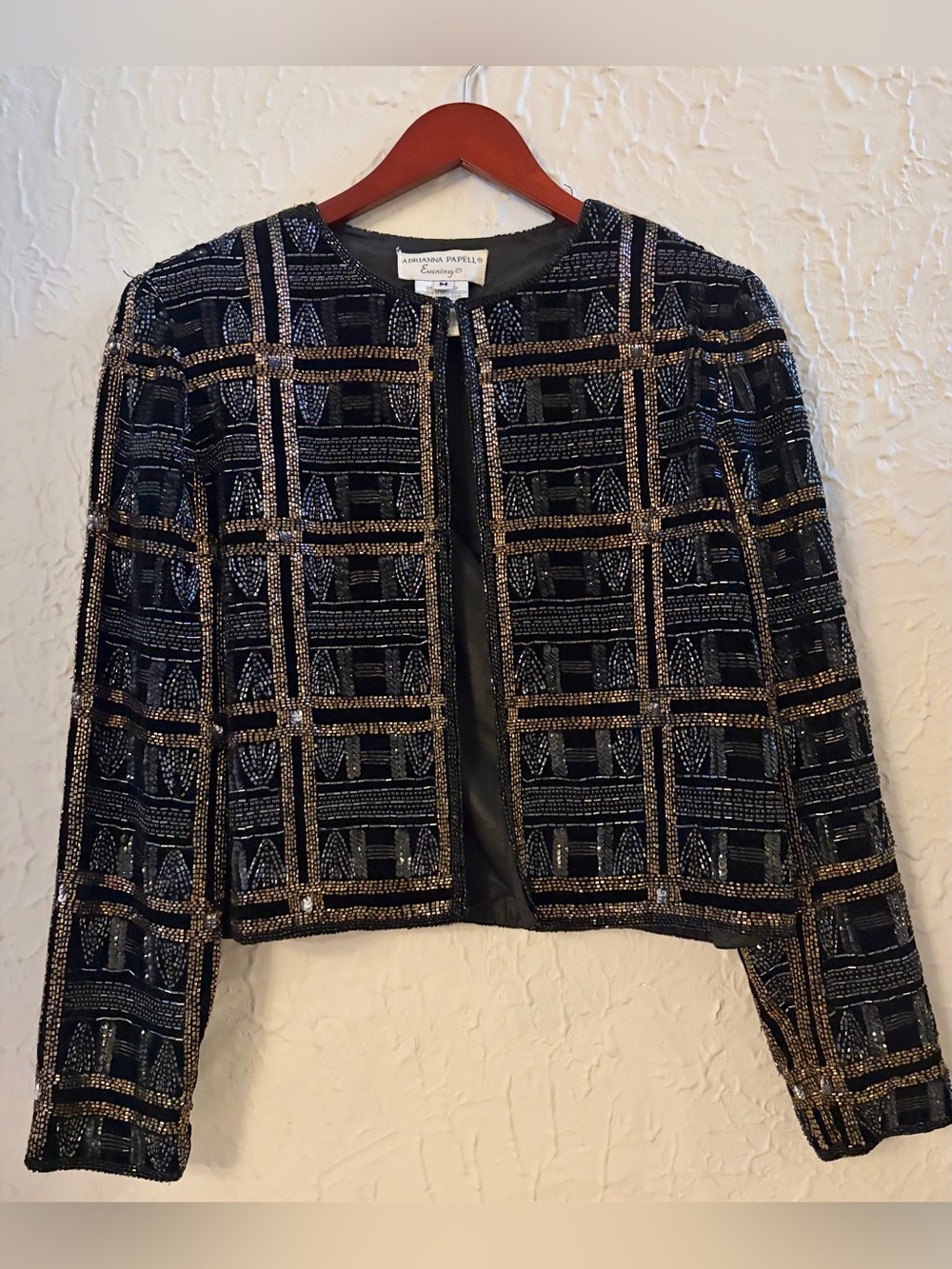 Vintage Adrianna Papell Evening Beaded Jacket M Black Gold Cropped Bolero